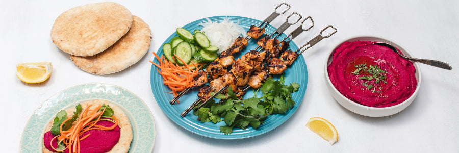 CHICKEN KEBABS WITH BEET HUMMUS